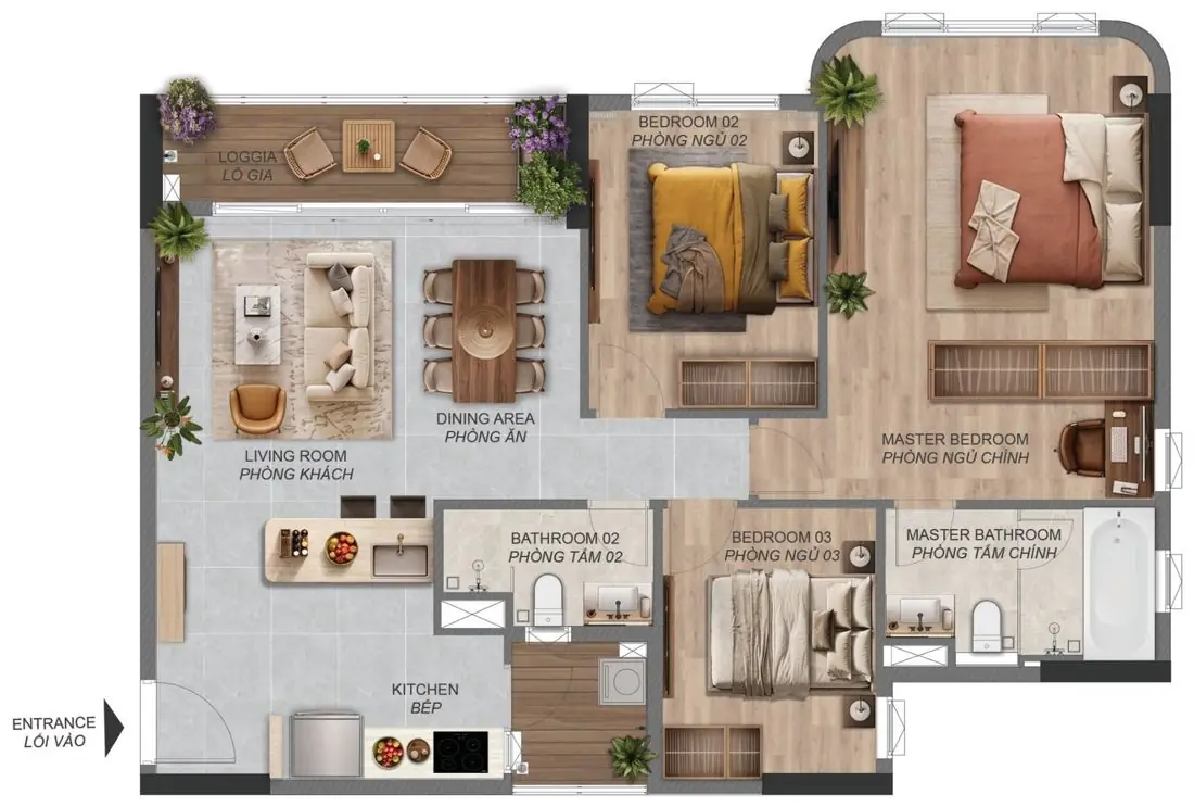 Mặt bằng minh họa 3 phòng ngủ C4.1a