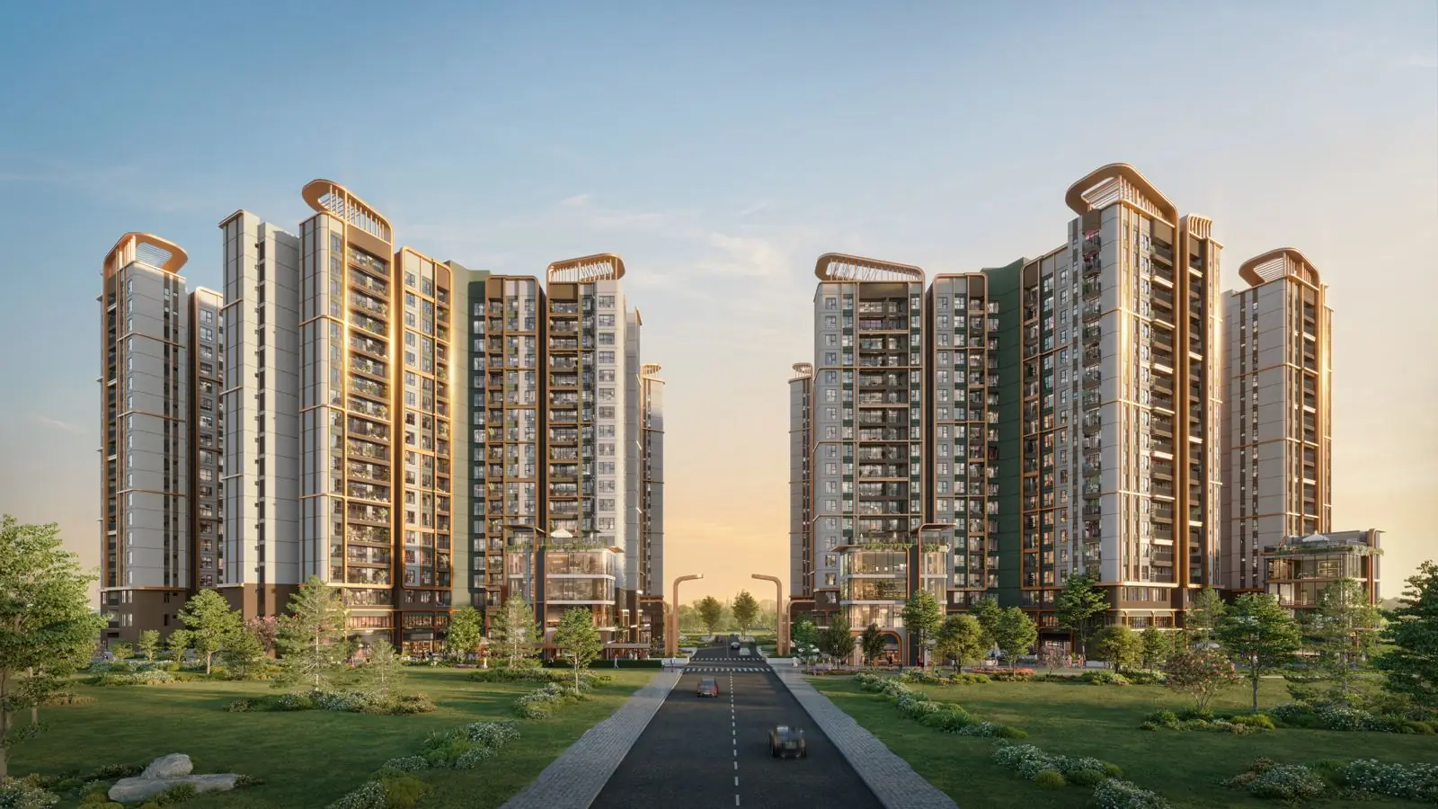 Hai cụm tháp Norton Park nhìn từ trục đường nội khu